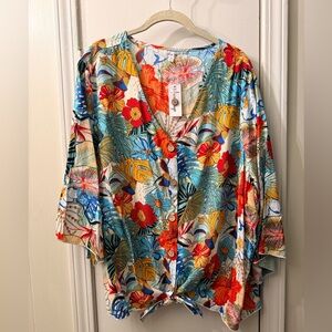 Mirror Image NWT 3x Blouse Tropical Print Tie-Hem Button Front